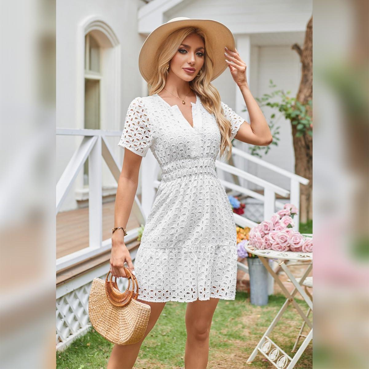 imageIDOPIP Women Short Sleeve Hollow Out Mini Dress Summer Casual Ruffle Dress Aline V Neck Sundress Beach Lace Vacation DressWhite
