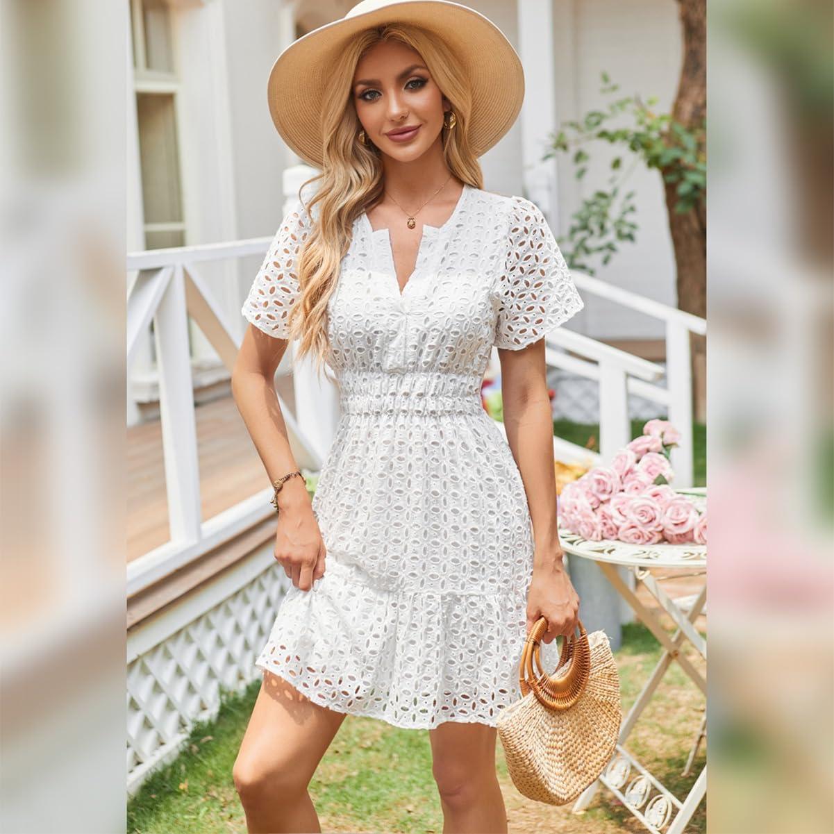 imageIDOPIP Women Short Sleeve Hollow Out Mini Dress Summer Casual Ruffle Dress Aline V Neck Sundress Beach Lace Vacation DressWhite