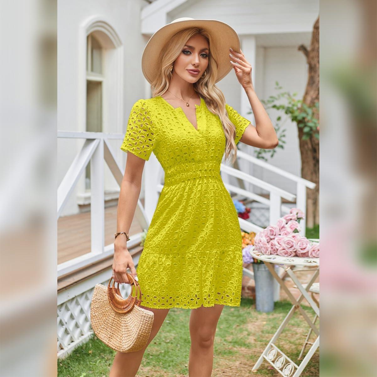 imageIDOPIP Women Short Sleeve Hollow Out Mini Dress Summer Casual Ruffle Dress Aline V Neck Sundress Beach Lace Vacation DressYellow