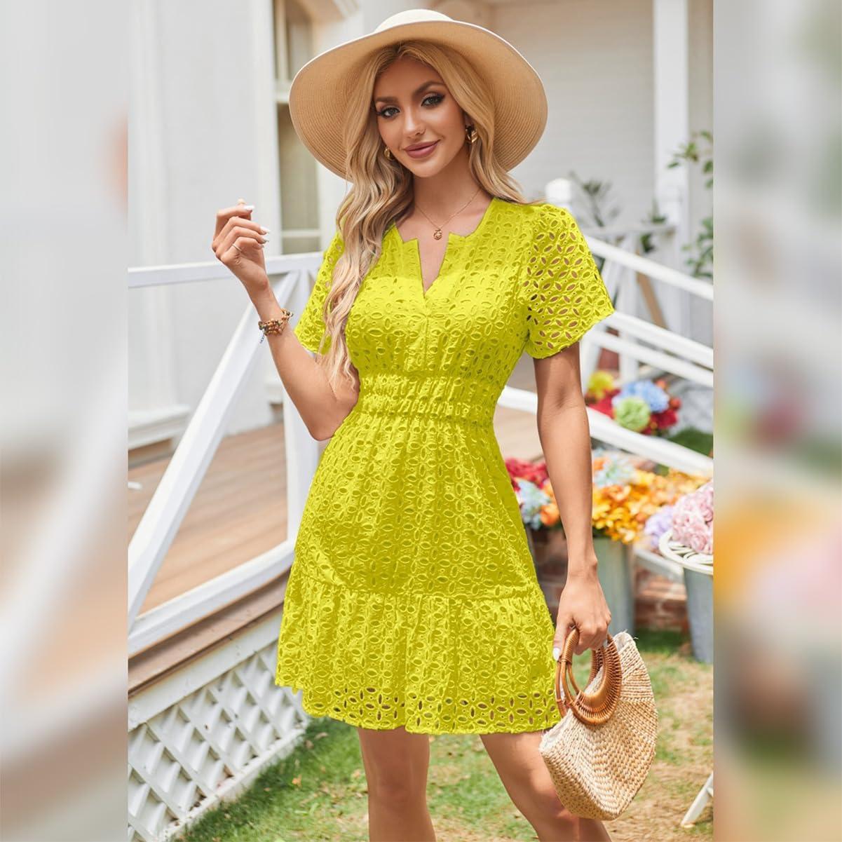imageIDOPIP Women Short Sleeve Hollow Out Mini Dress Summer Casual Ruffle Dress Aline V Neck Sundress Beach Lace Vacation DressYellow