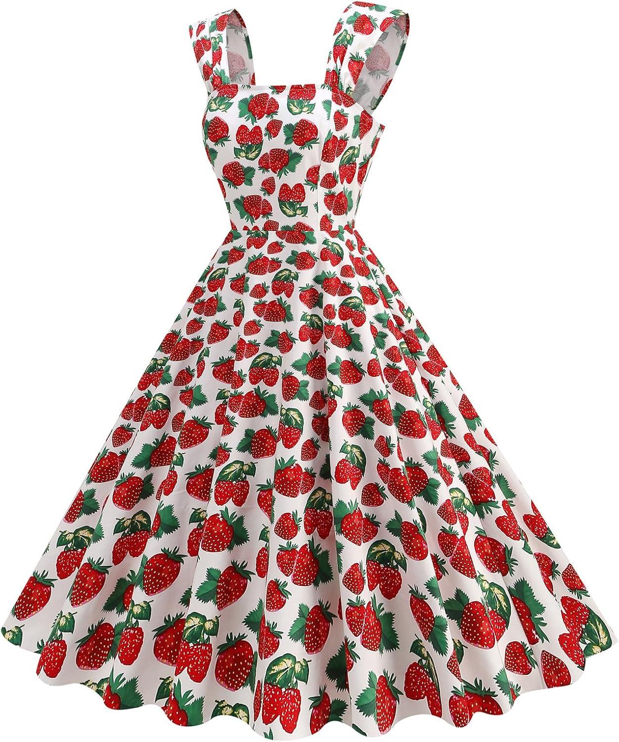 imageIDOPIP Women Vintage Elegant Swing Dress Mango Strawberry Cherry Rose Print Midi Dress 1950s Retro A Line Cocktail Prom Gown