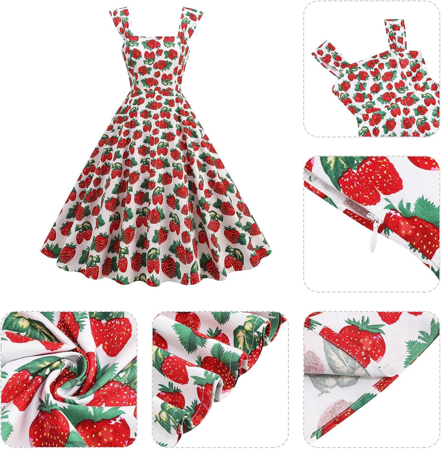 imageIDOPIP Women Vintage Elegant Swing Dress Mango Strawberry Cherry Rose Print Midi Dress 1950s Retro A Line Cocktail Prom Gown