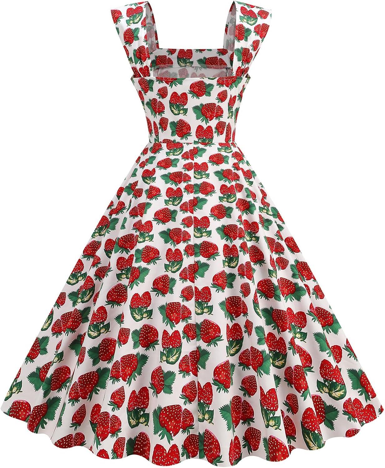 imageIDOPIP Women Vintage Elegant Swing Dress Mango Strawberry Cherry Rose Print Midi Dress 1950s Retro A Line Cocktail Prom Gown