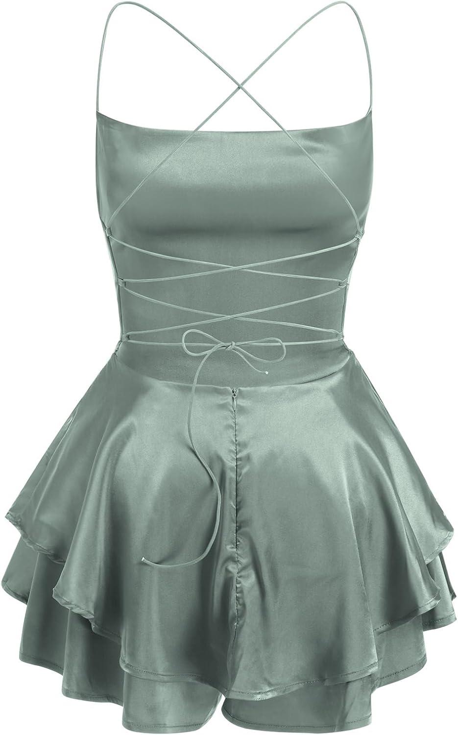 imageIDOPIP Womens Crisscross Straps Satin Romper Dress Summer Sexy Ruffle Layer Jumpsuit Mini Dress Formal Prom Party Gown Elegant Wedding Guest Outfit Backless Short Dress Green L