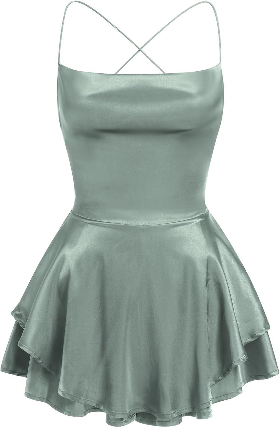 imageIDOPIP Womens Crisscross Straps Satin Romper Dress Summer Sexy Ruffle Layer Jumpsuit Mini Dress Formal Prom Party Gown Elegant Wedding Guest Outfit Backless Short Dress Green L