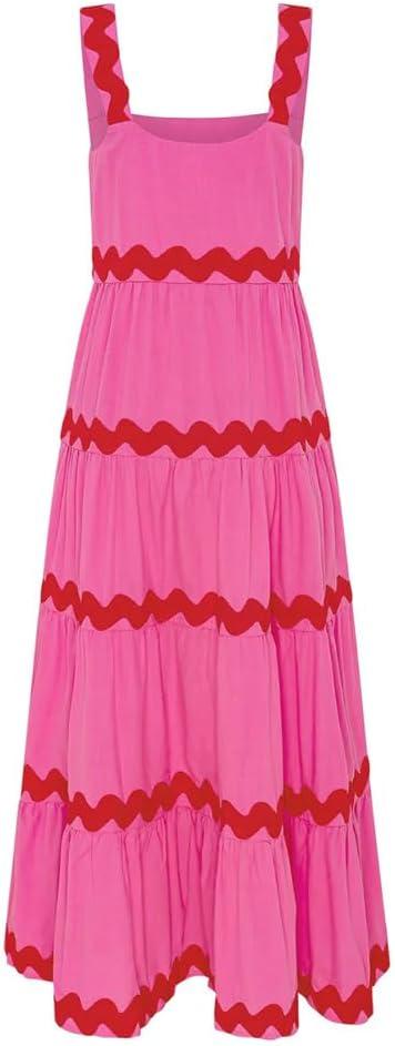 imageIDOPIP Womens Sleeveless Casual Tiered Dress Summer Flounce Long Maxi Dress Spaghetti Straps Loose Fit Sundress OutfitRose