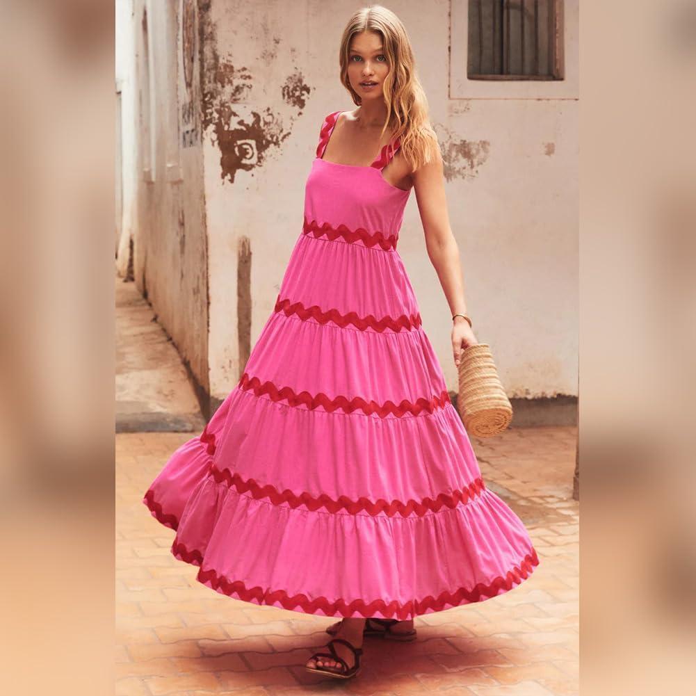 imageIDOPIP Womens Sleeveless Casual Tiered Dress Summer Flounce Long Maxi Dress Spaghetti Straps Loose Fit Sundress OutfitRose