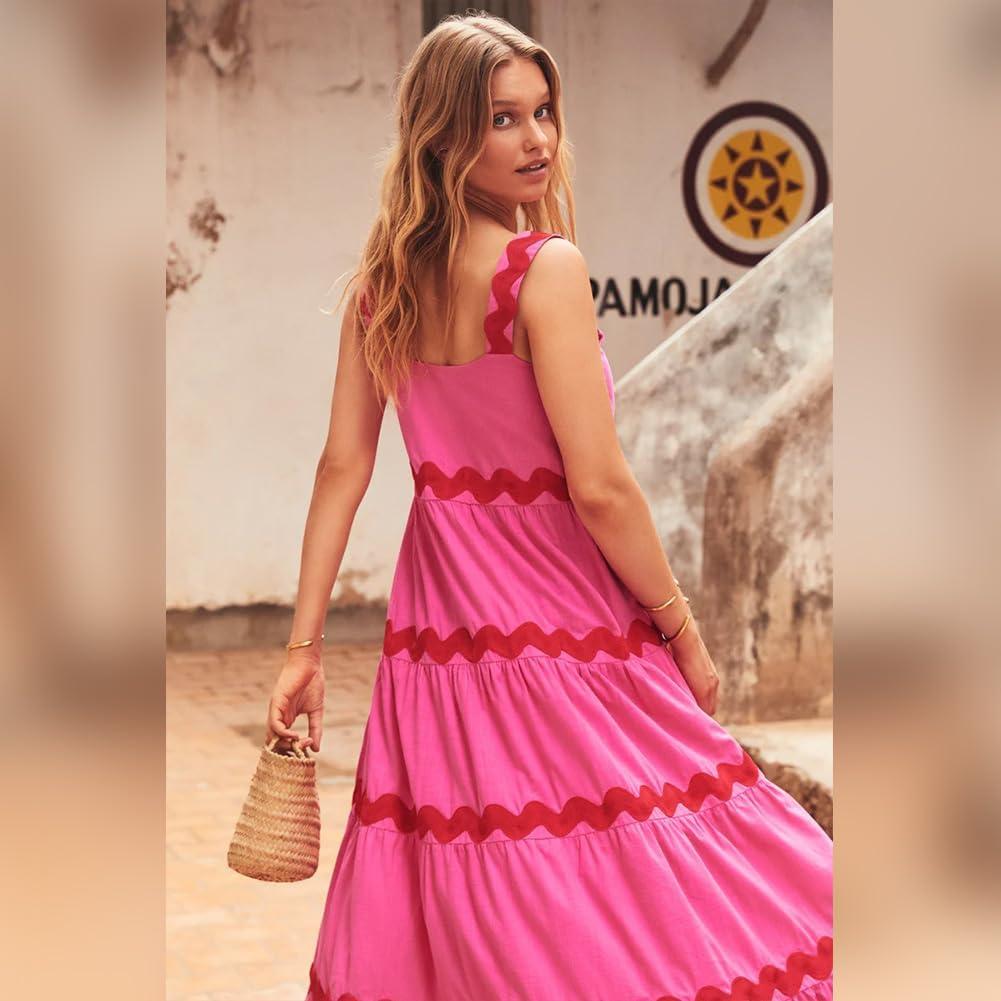 imageIDOPIP Womens Sleeveless Casual Tiered Dress Summer Flounce Long Maxi Dress Spaghetti Straps Loose Fit Sundress OutfitRose