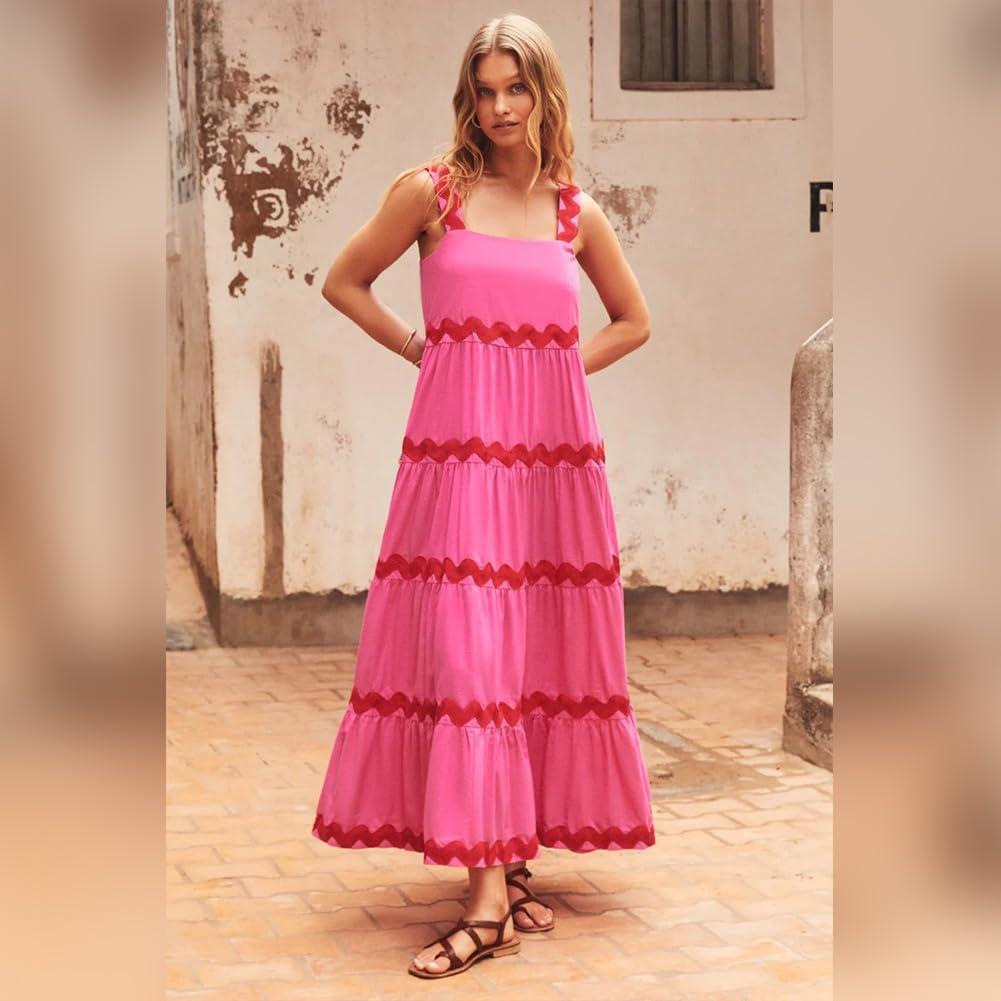 imageIDOPIP Womens Sleeveless Casual Tiered Dress Summer Flounce Long Maxi Dress Spaghetti Straps Loose Fit Sundress OutfitRose
