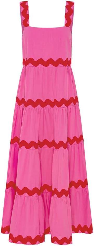 imageIDOPIP Womens Sleeveless Casual Tiered Dress Summer Flounce Long Maxi Dress Spaghetti Straps Loose Fit Sundress OutfitRose