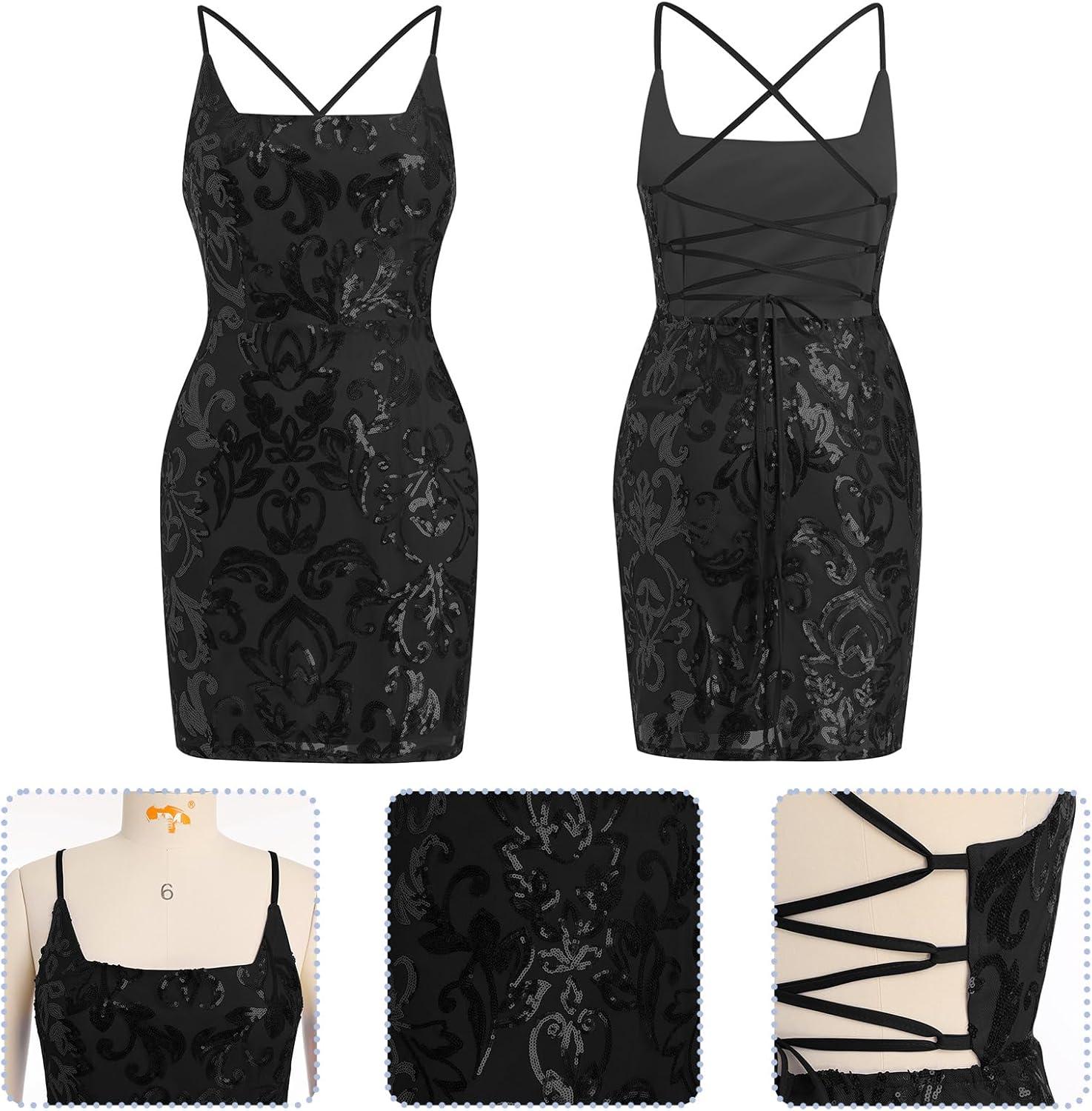 imageIDOPIP Womens Sparkly Sequin Dress Spaghetti Straps Bodycon Mini Dress Glitter Homecoming Cocktail Party Night Club DressesBlack