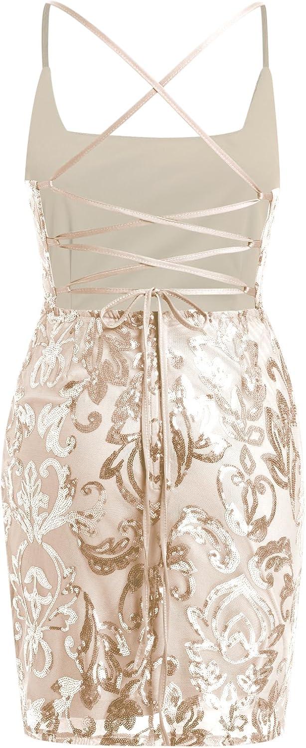 imageIDOPIP Womens Sparkly Sequin Dress Spaghetti Straps Bodycon Mini Dress Glitter Homecoming Cocktail Party Night Club DressesGold