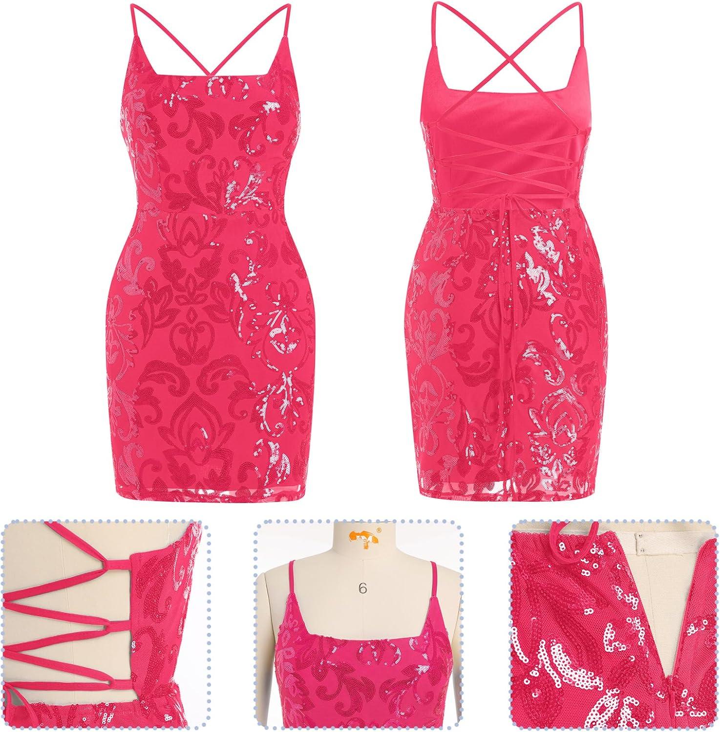 imageIDOPIP Womens Sparkly Sequin Dress Spaghetti Straps Bodycon Mini Dress Glitter Homecoming Cocktail Party Night Club DressesHot Pink