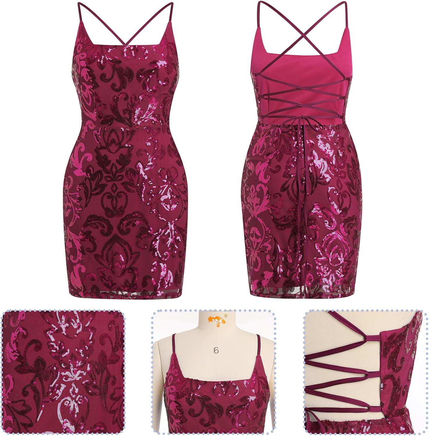 imageIDOPIP Womens Sparkly Sequin Dress Spaghetti Straps Bodycon Mini Dress Glitter Homecoming Cocktail Party Night Club DressesPurplish Red