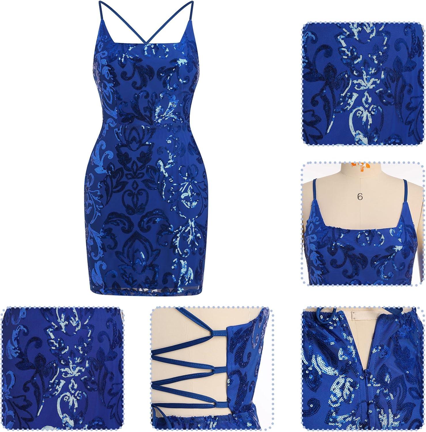 imageIDOPIP Womens Sparkly Sequin Dress Spaghetti Straps Bodycon Mini Dress Glitter Homecoming Cocktail Party Night Club DressesRoyal Blue