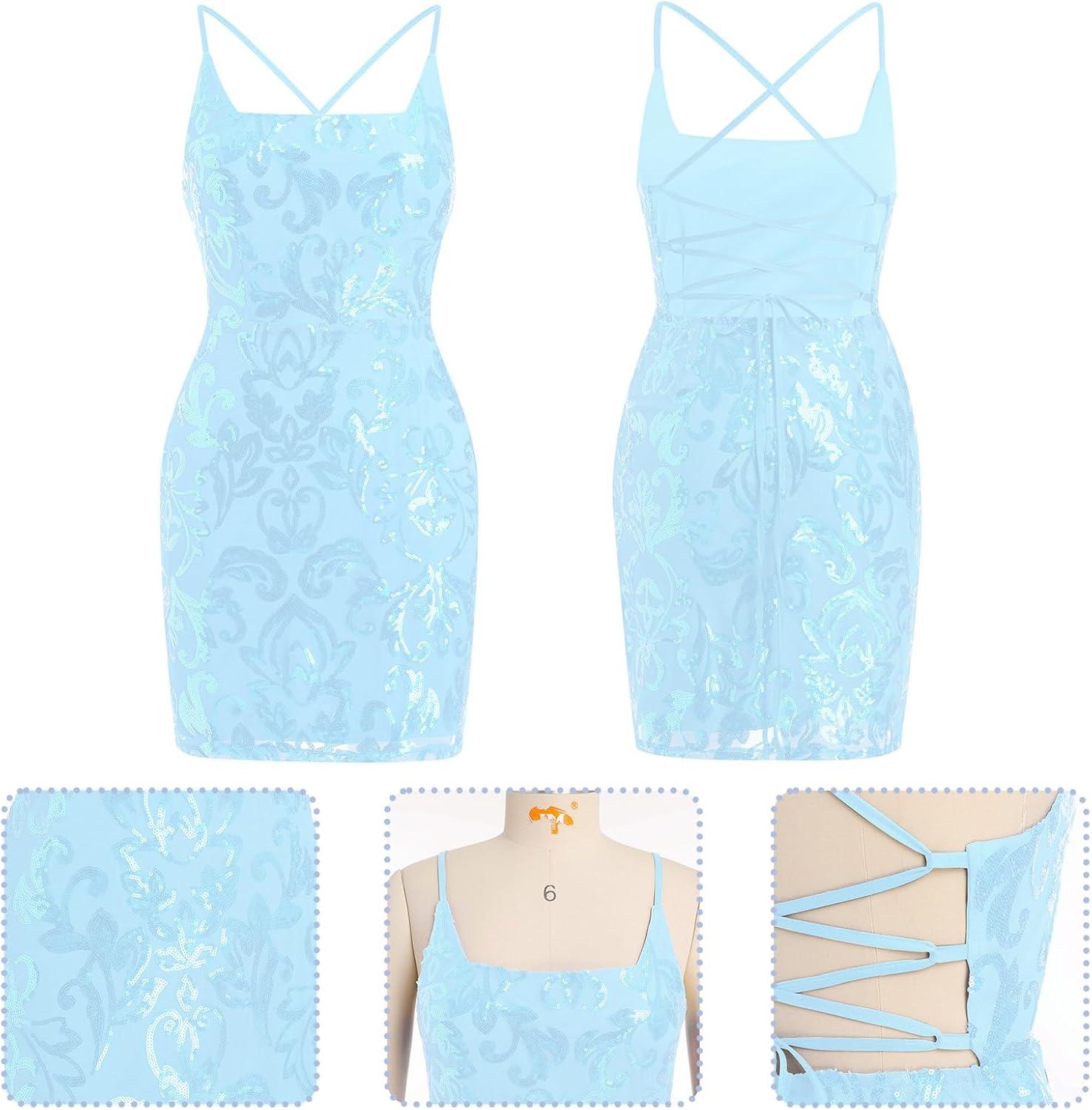 imageIDOPIP Womens Sparkly Sequin Dress Spaghetti Straps Bodycon Mini Dress Glitter Homecoming Cocktail Party Night Club DressesSky Blue
