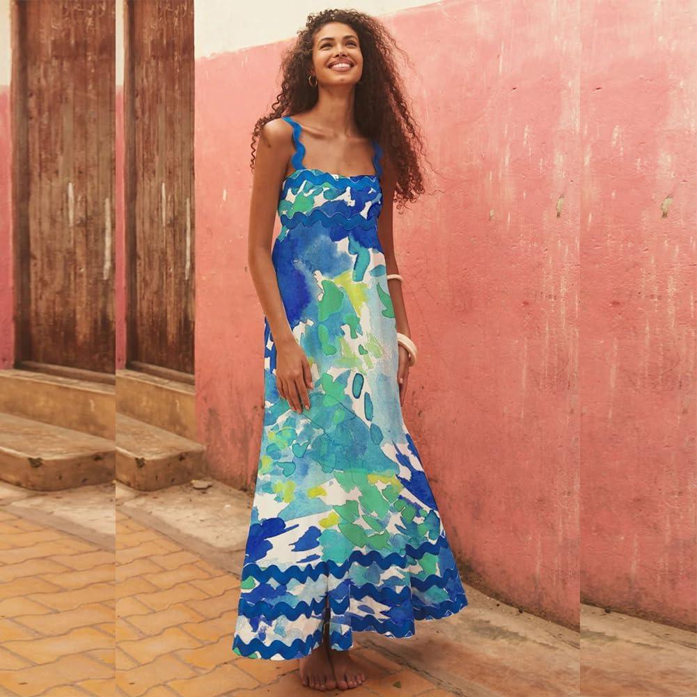 imageIDOPIP Womens Summer Casual Dress Beach Floral Maxi Dress Elegant Spaghetti Sleeveless Smocked Sundress Weeding Guest DressBluetiedye