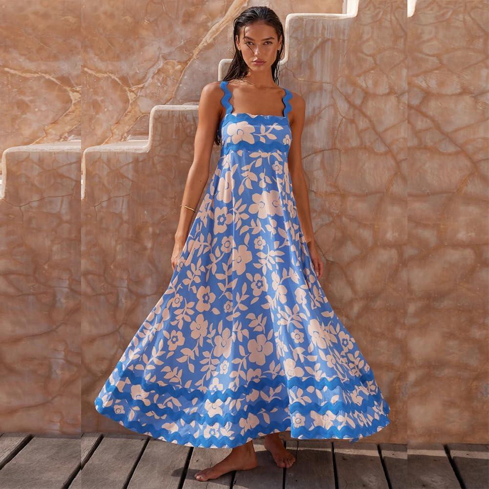 imageIDOPIP Womens Summer Casual Dress Beach Floral Maxi Dress Elegant Spaghetti Sleeveless Smocked Sundress Weeding Guest DressLight Blue
