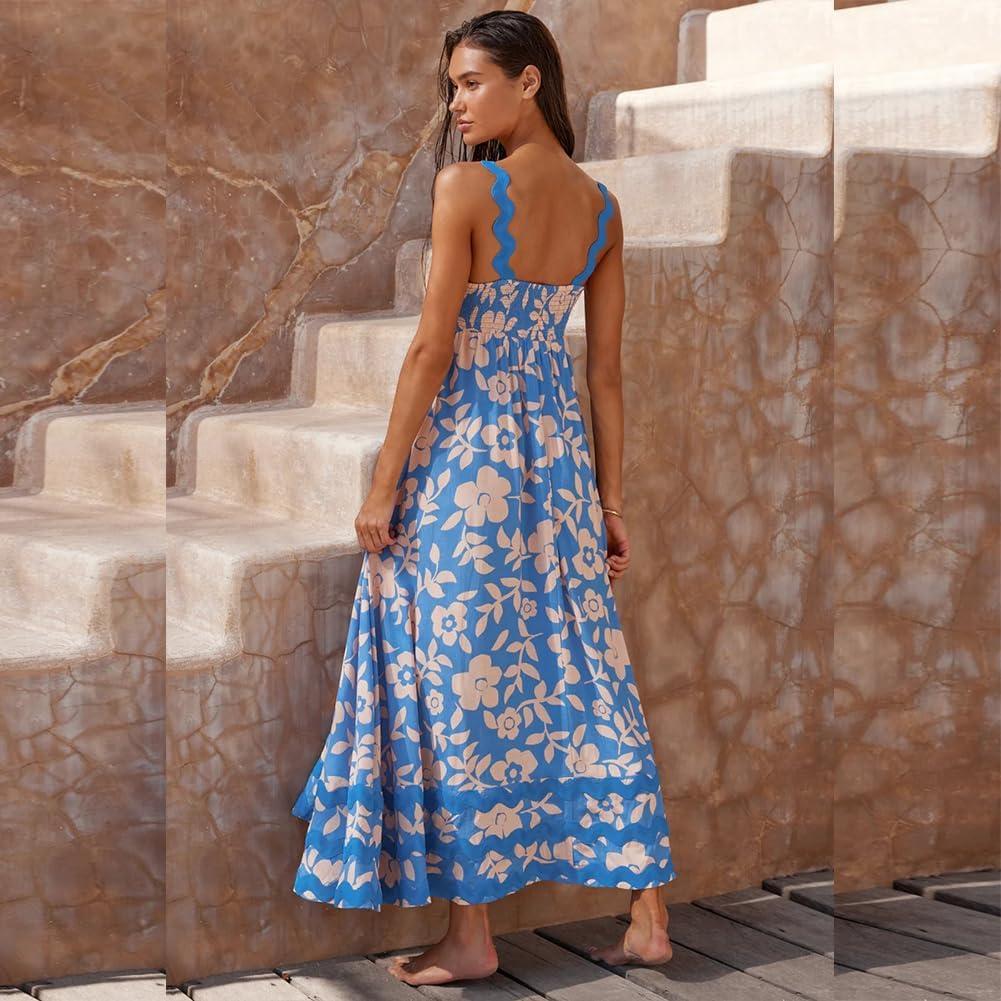 imageIDOPIP Womens Summer Casual Dress Beach Floral Maxi Dress Elegant Spaghetti Sleeveless Smocked Sundress Weeding Guest DressLight Blue