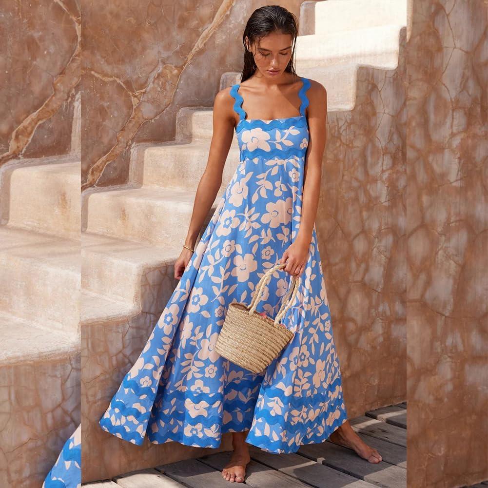 imageIDOPIP Womens Summer Casual Dress Beach Floral Maxi Dress Elegant Spaghetti Sleeveless Smocked Sundress Weeding Guest DressLight Blue