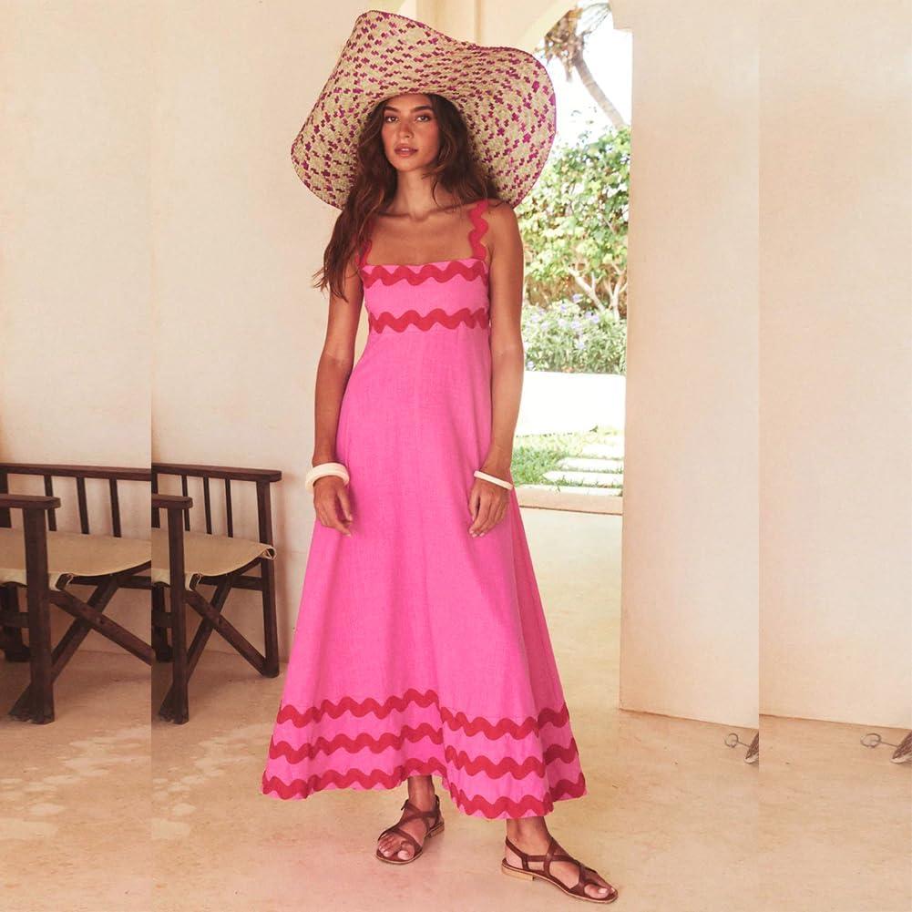 imageIDOPIP Womens Summer Casual Dress Beach Floral Maxi Dress Elegant Spaghetti Sleeveless Smocked Sundress Weeding Guest DressPink