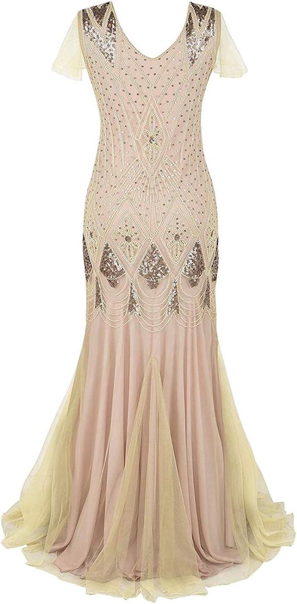 imageWomens 1920s Flapper Dress Vintage Great Gatsby Party Sequin Maxi Evening Cocktail Dresses with 20s Accessories SetApricot