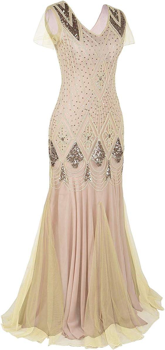 imageWomens 1920s Flapper Dress Vintage Great Gatsby Party Sequin Maxi Evening Cocktail Dresses with 20s Accessories SetApricot