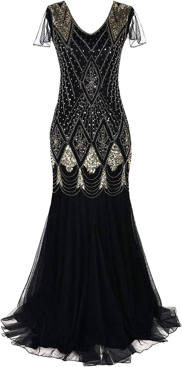 imageWomens 1920s Flapper Dress Vintage Great Gatsby Party Sequin Maxi Evening Cocktail Dresses with 20s Accessories SetBlack  Gold
