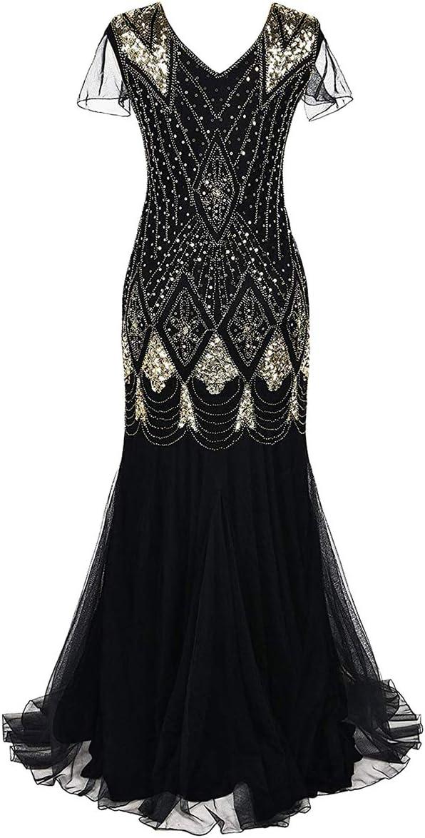 imageWomens 1920s Flapper Dress Vintage Great Gatsby Party Sequin Maxi Evening Cocktail Dresses with 20s Accessories SetBlack  Gold
