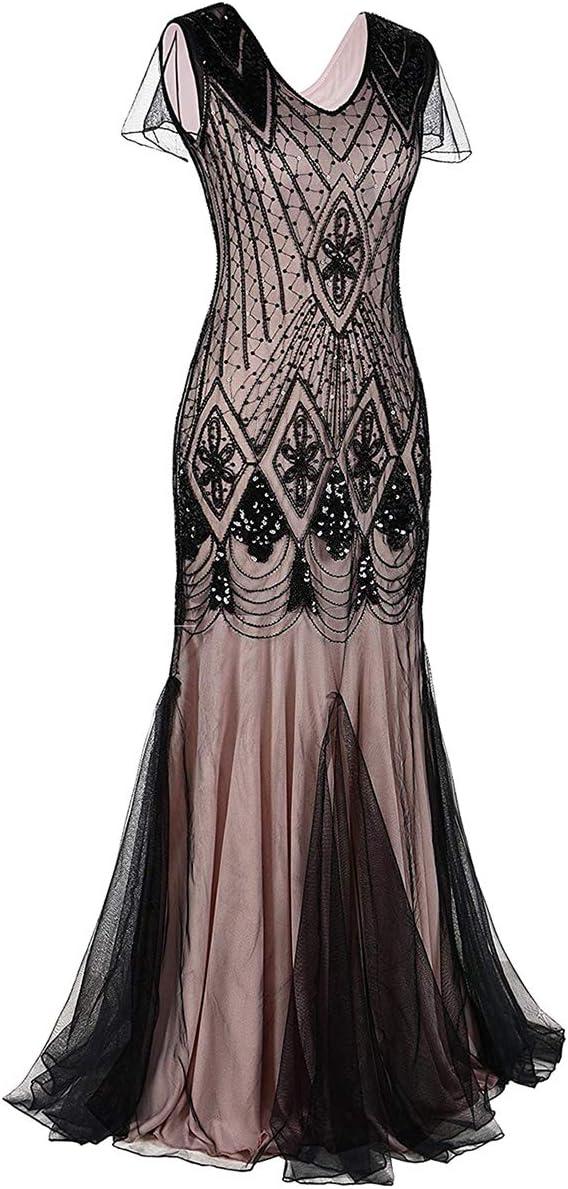imageWomens 1920s Flapper Dress Vintage Great Gatsby Party Sequin Maxi Evening Cocktail Dresses with 20s Accessories SetBlack  Pink