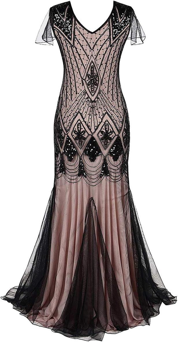 imageWomens 1920s Flapper Dress Vintage Great Gatsby Party Sequin Maxi Evening Cocktail Dresses with 20s Accessories SetBlack  Pink