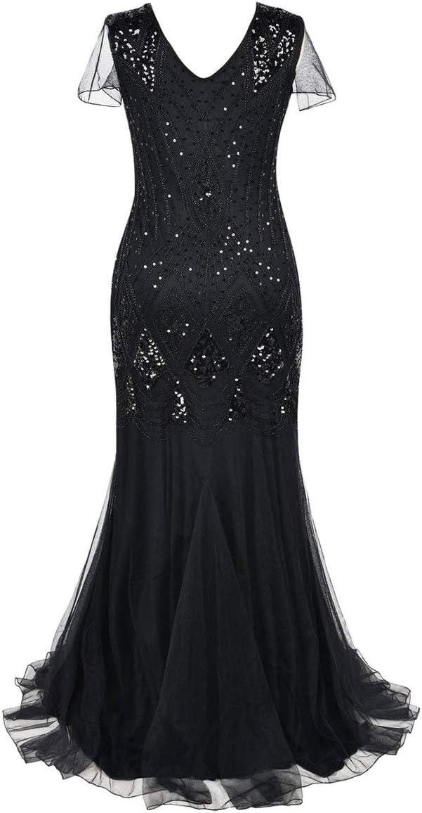 imageWomens 1920s Flapper Dress Vintage Great Gatsby Party Sequin Maxi Evening Cocktail Dresses with 20s Accessories SetBlack