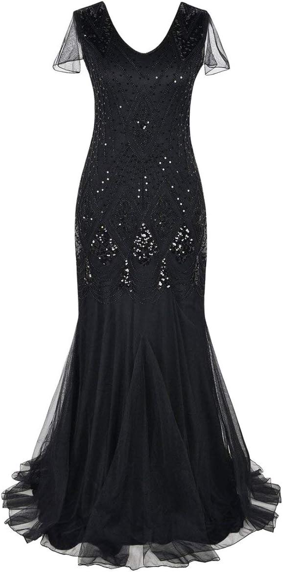 imageWomens 1920s Flapper Dress Vintage Great Gatsby Party Sequin Maxi Evening Cocktail Dresses with 20s Accessories SetBlack