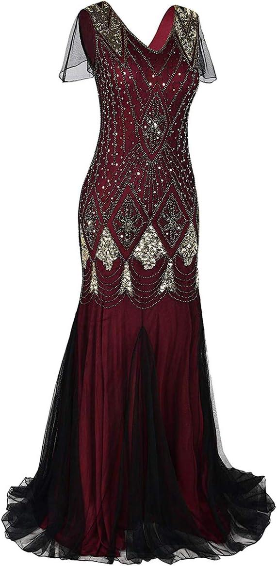 imageWomens 1920s Flapper Dress Vintage Great Gatsby Party Sequin Maxi Evening Cocktail Dresses with 20s Accessories SetDark Red