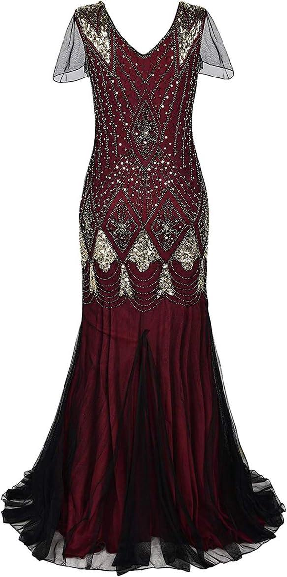 imageWomens 1920s Flapper Dress Vintage Great Gatsby Party Sequin Maxi Evening Cocktail Dresses with 20s Accessories SetDark Red