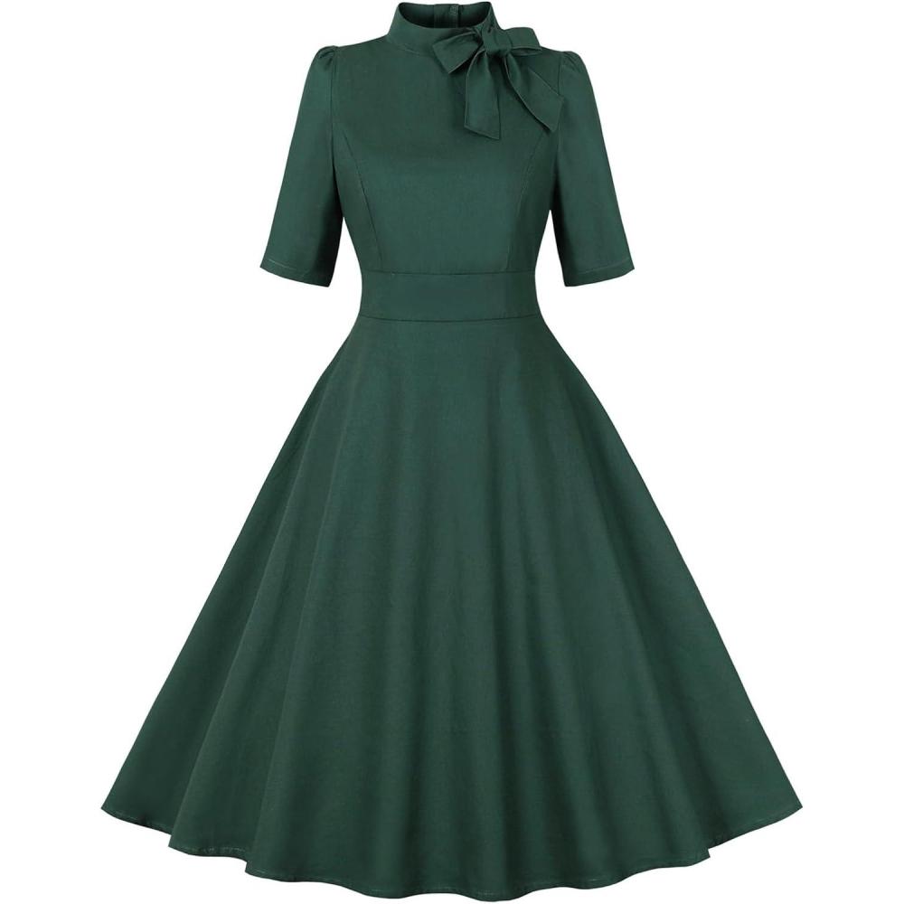 imageIDOPIP 1950s Women Vintage Swing Dress Elegant Tie Neck Cocktail Midi Dress ALine Formal Wedding Evening Party Retro DressGreen