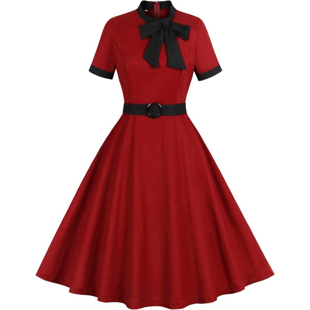 imageIDOPIP 1950s Women Vintage Swing Dress Elegant Tie Neck Cocktail Midi Dress ALine Formal Wedding Evening Party Retro DressWine Red