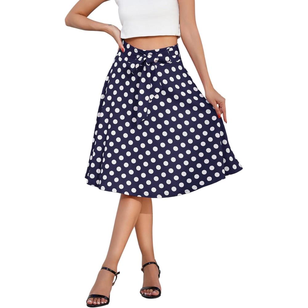 imageIDOPIP Women 50s Vintage Polka Dot Skirt High Waist ALine Floral Swing Skirt Summer Elegant Cocktail Flowy Boho Belted SkirtBlue