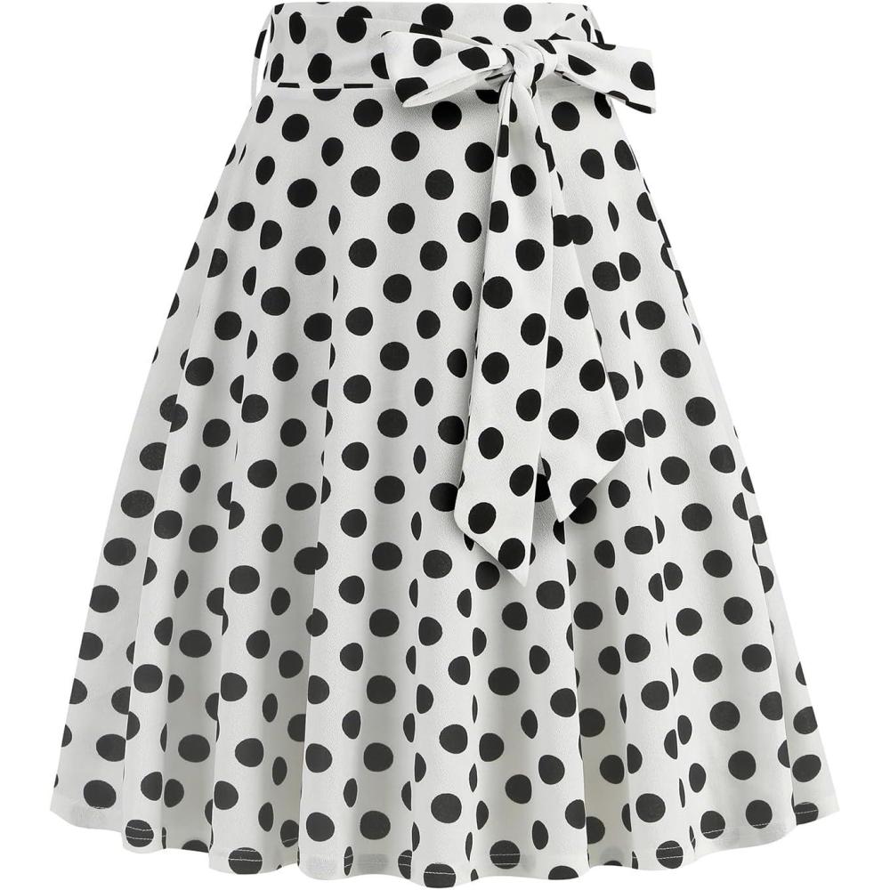 imageIDOPIP Women 50s Vintage Polka Dot Skirt High Waist ALine Floral Swing Skirt Summer Elegant Cocktail Flowy Boho Belted SkirtWhitepolka Dot
