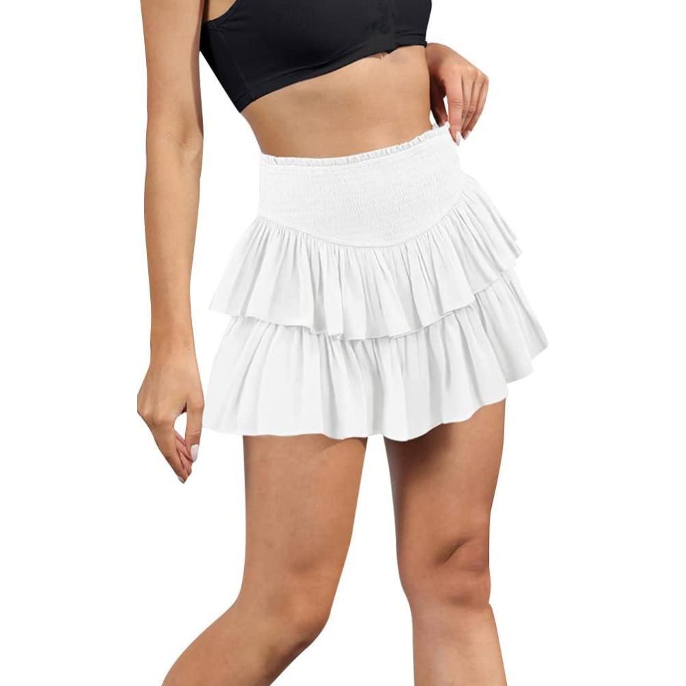 imageIDOPIP Women Boho Mini Skirt Summer High Waist Floral Layered Skirt Casual Ruffle Smocked Skirt Club Party Evening SkirtWhite