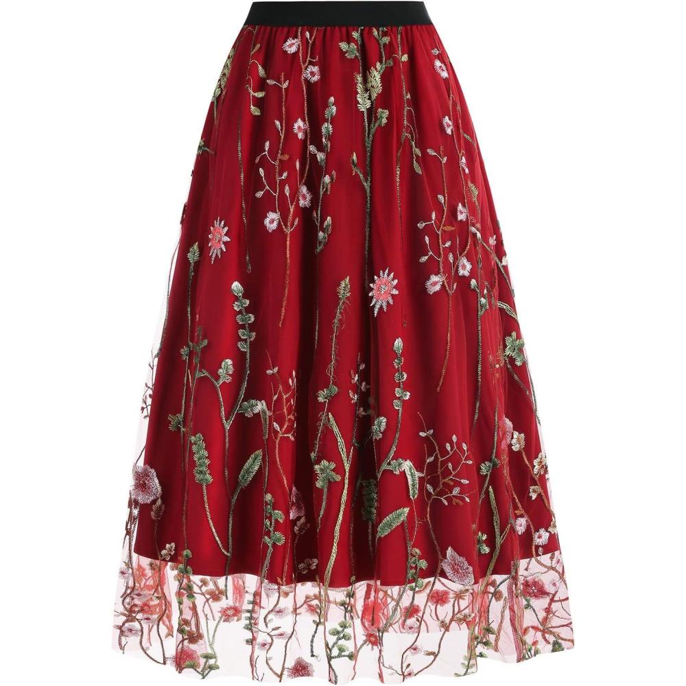 imageIDOPIP Women Floral Embroidered Mesh Skirt Elegant Elastic Waist Tulle Midi Skirt Cocktail Party Layered A Line Skirt DressRed
