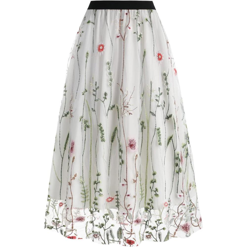 imageIDOPIP Women Floral Embroidered Mesh Skirt Elegant Elastic Waist Tulle Midi Skirt Cocktail Party Layered A Line Skirt DressWhite