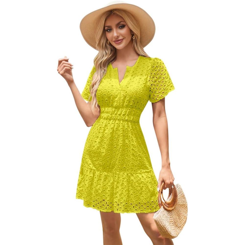 imageIDOPIP Women Short Sleeve Hollow Out Mini Dress Summer Casual Ruffle Dress Aline V Neck Sundress Beach Lace Vacation DressYellow