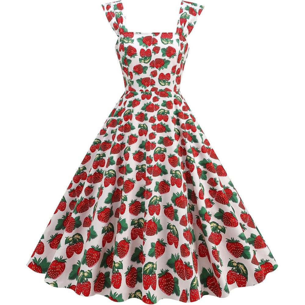imageIDOPIP Women Vintage Elegant Swing Dress Mango Strawberry Cherry Rose Print Midi Dress 1950s Retro A Line Cocktail Prom Gown