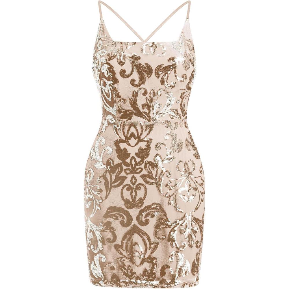 imageIDOPIP Womens Sparkly Sequin Dress Spaghetti Straps Bodycon Mini Dress Glitter Homecoming Cocktail Party Night Club DressesGold