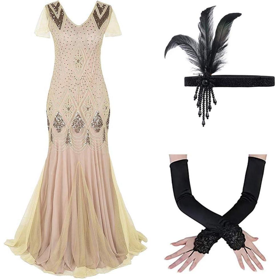 imageWomens 1920s Flapper Dress Vintage Great Gatsby Party Sequin Maxi Evening Cocktail Dresses with 20s Accessories SetApricot