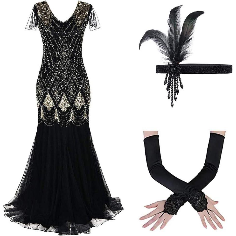 imageWomens 1920s Flapper Dress Vintage Great Gatsby Party Sequin Maxi Evening Cocktail Dresses with 20s Accessories SetBlack  Gold