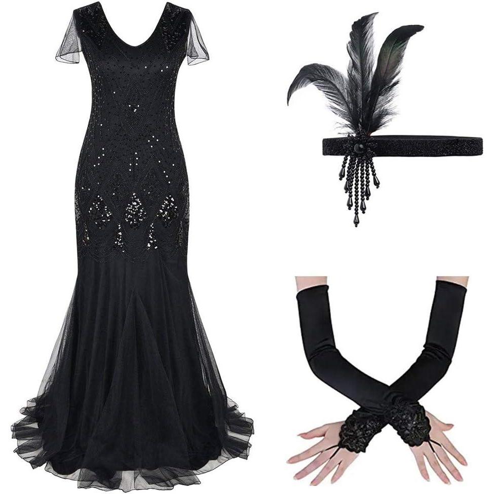 imageWomens 1920s Flapper Dress Vintage Great Gatsby Party Sequin Maxi Evening Cocktail Dresses with 20s Accessories SetBlack
