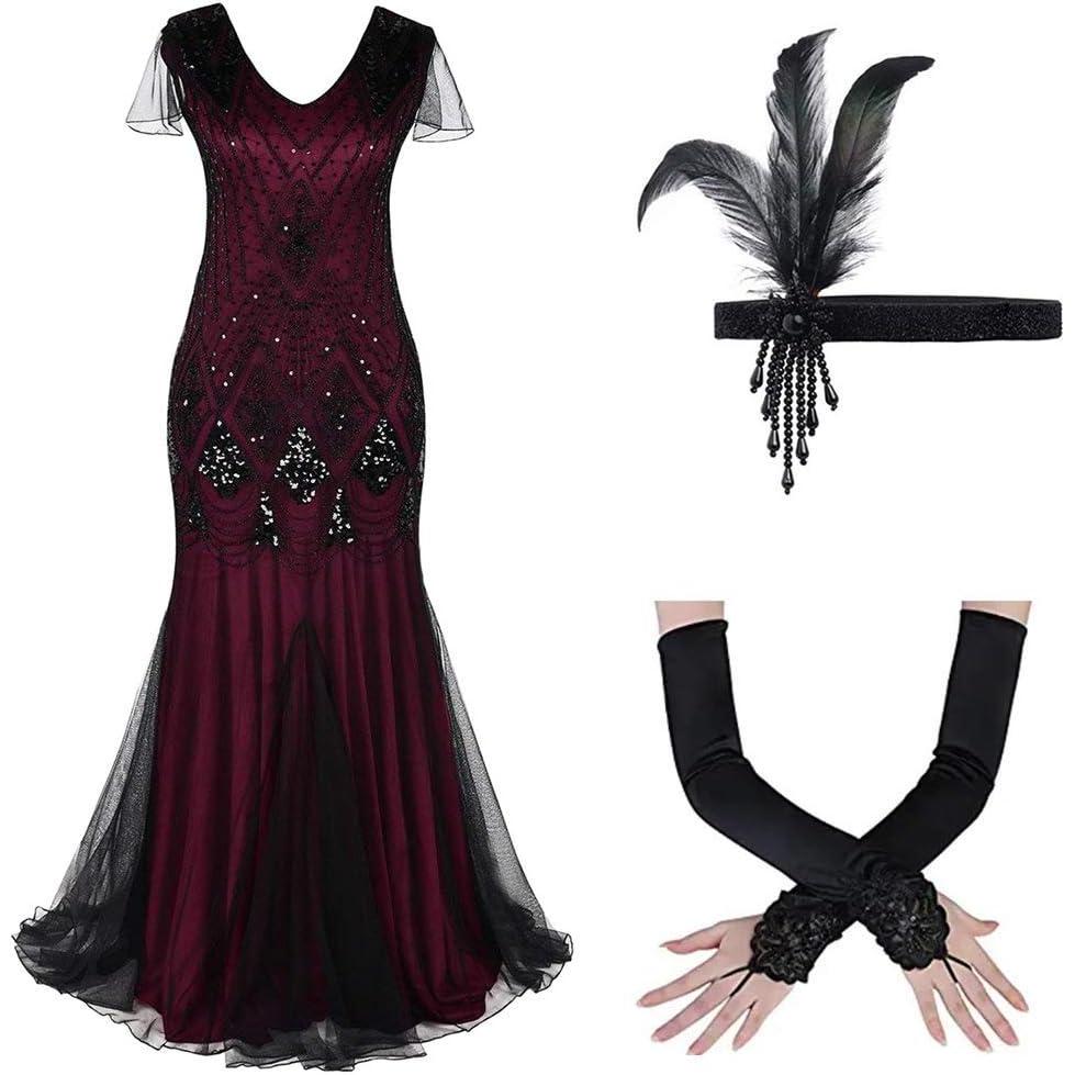 imageWomens 1920s Flapper Dress Vintage Great Gatsby Party Sequin Maxi Evening Cocktail Dresses with 20s Accessories SetRed