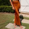 imageIDOPIP Women High Waist Satin Skirt Elegant Summer Long Maxi Skirt Formal Trendy Ruffle Work Skirts Elastic Casual Midi SkirtOrange
